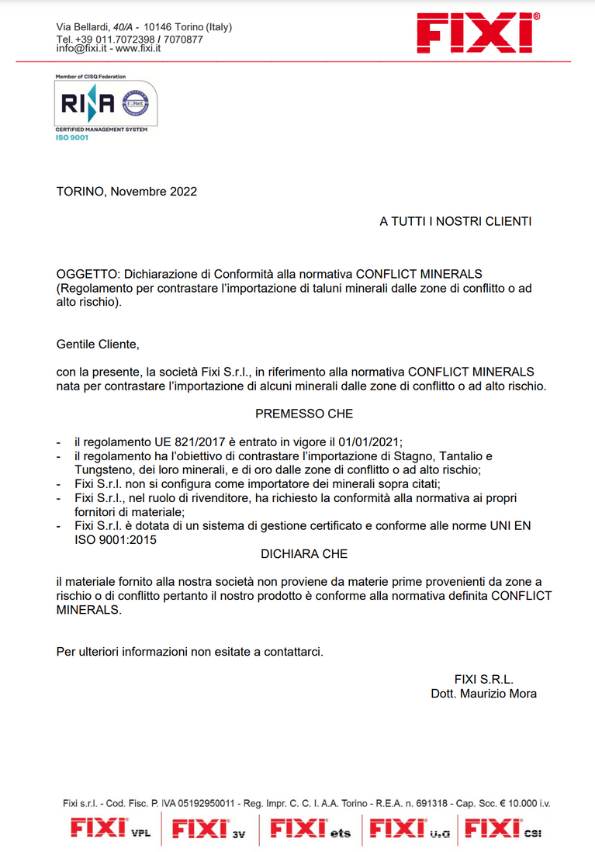 Certificazione FIXI ISO RINA