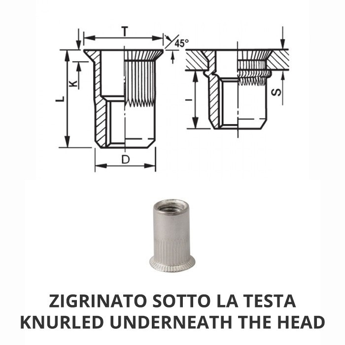 Knurled cylindrical threaded inserts - Countersunk head