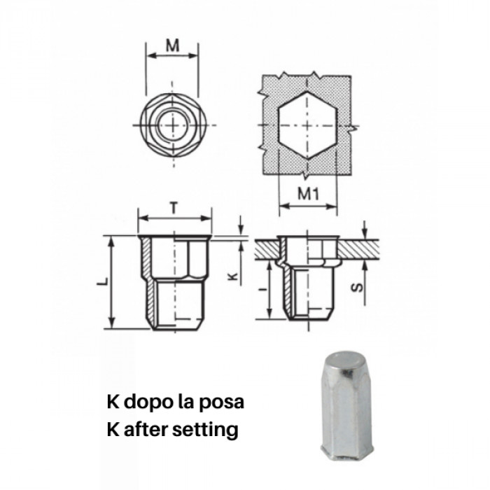 Inserti filettati esagonali ciechi acciaio - Testa ridotta