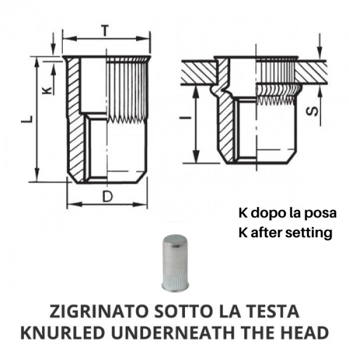 Inserti filettati cilindrici godronati ciechi acciaio - Testa ridotta corto