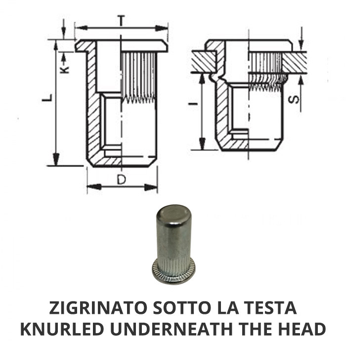 Inserti filettati cilindrici godronati ciechi acciaio - Testa tonda corto