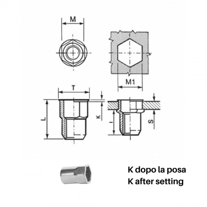 Inserti filettati semiesagonali acciaio - Testa ridotta