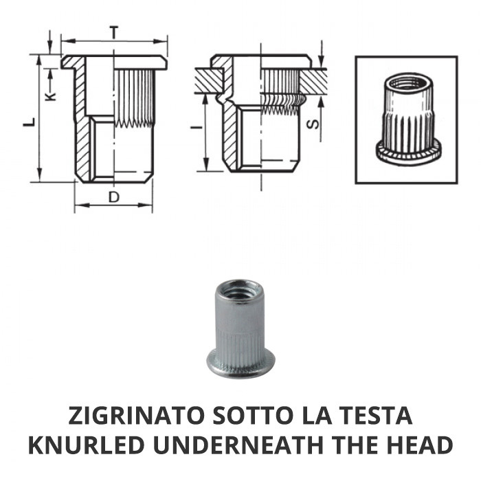 Inserti filettati cilindrici godronati inox A4 - Testa tonda