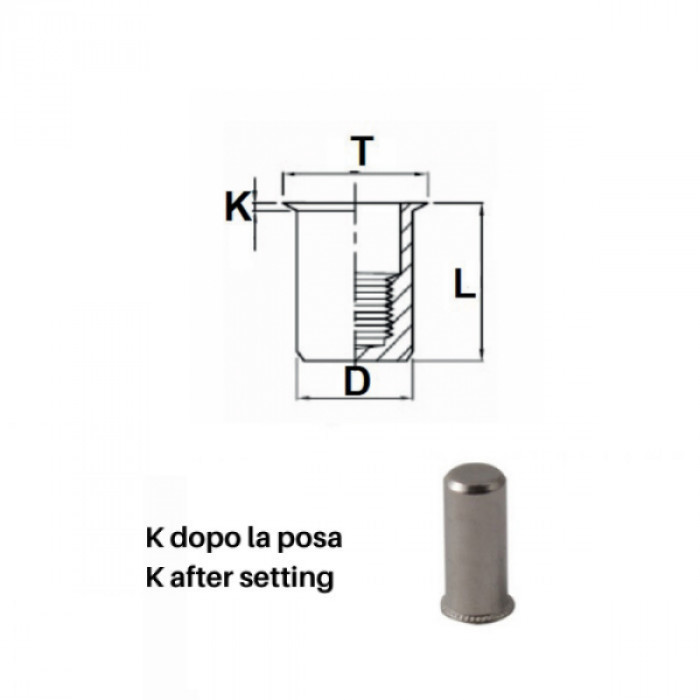 Inserti filettati cilindrici ciechi inox A4 testa ridotta