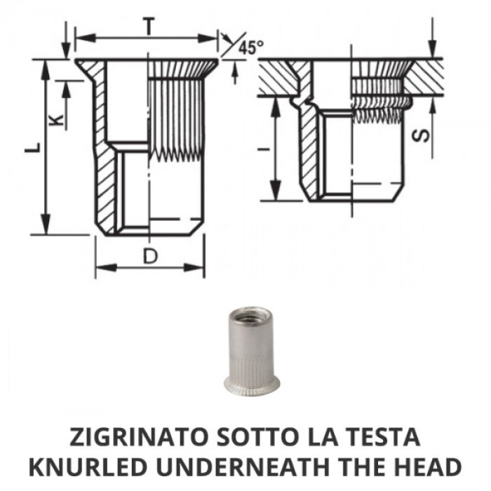 Inserti filettati cilindrici godronati inox A4- Testa svasata