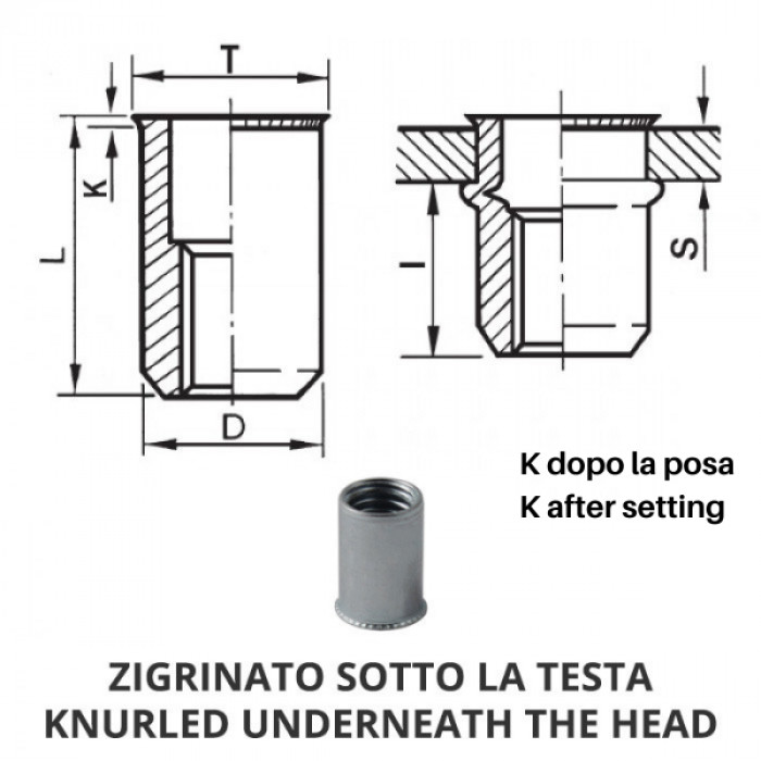 Inserti filettati cilindrici acciaio - Testa ridotta - Corto