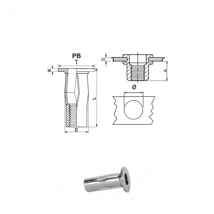 Special steel threaded inserts - Flat head PB