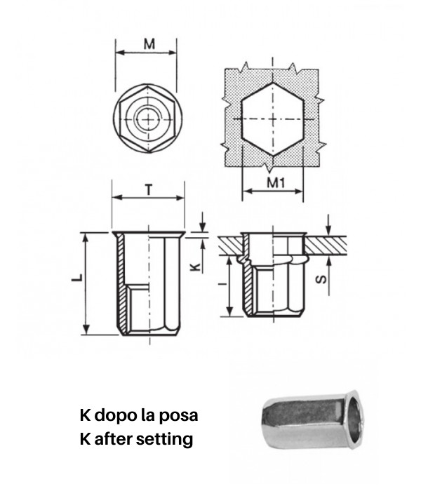 Inserti filettati esagonali acciaio- Testa ridotta