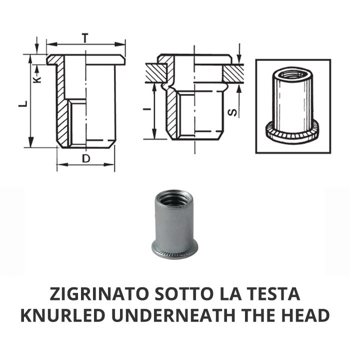 Cylindrical steel threaded Inserts - Flat head - Short type