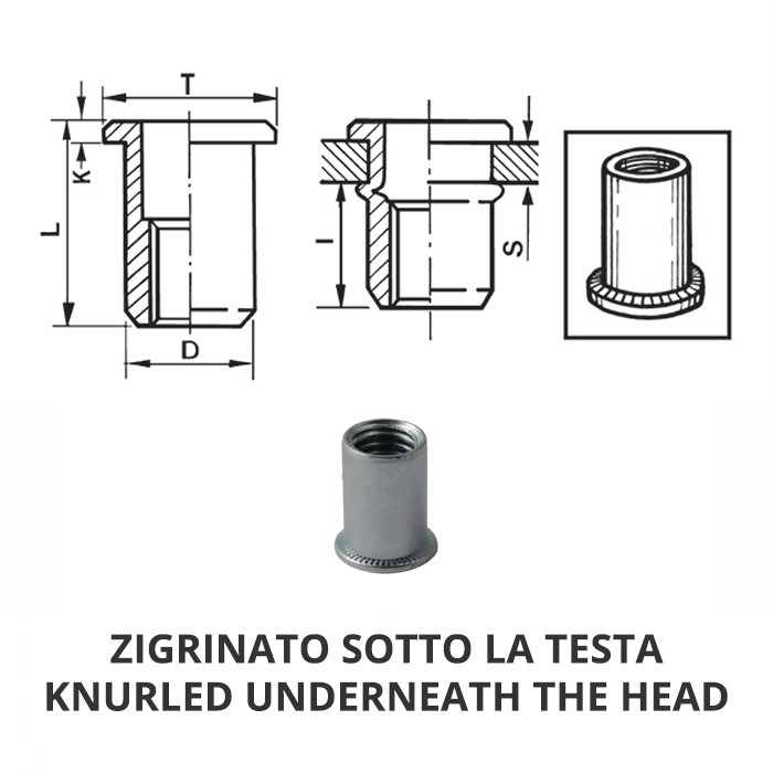 Inserti filettati cilindrici acciaio - Testa tonda - Corto