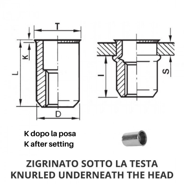 Inserti filettati cilindrici alluminio - Testa ridotta