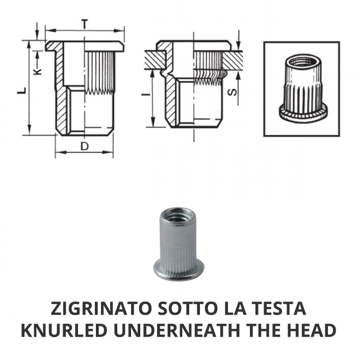 Knurled cylindrical aluminium threaded inserts - Flat head