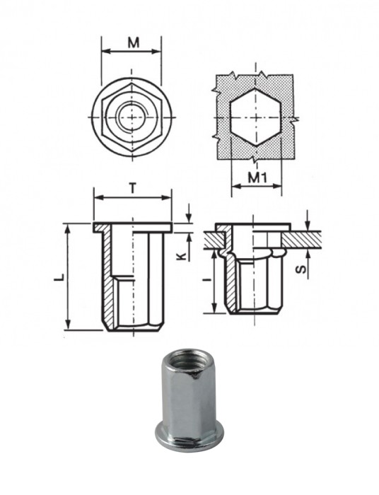 Hexagonal steel threaded inserts - Flat head