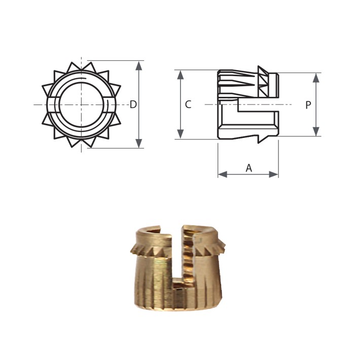 Inserti filettati ad espansione in ottone tipo FXCPB-C inserimento a pressione
