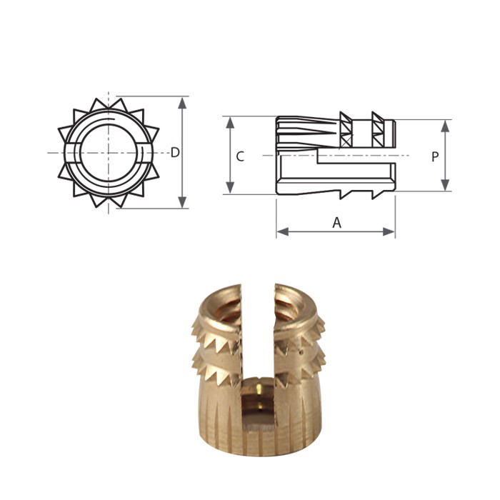 Inserti filettati ad espansione in ottone tipo FXCPB-L inserimento a pressione