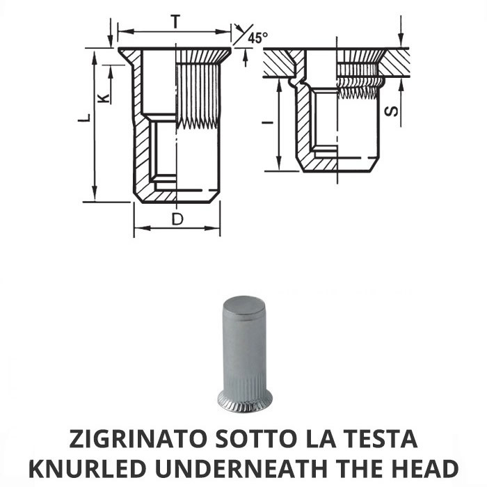 FIXI  Inserti filettati cilindrici godronati ciechi acciaio - Testa  svasata corto