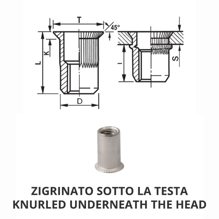 Inserti filettati cilindrici godronati acciaio - Testa svasata