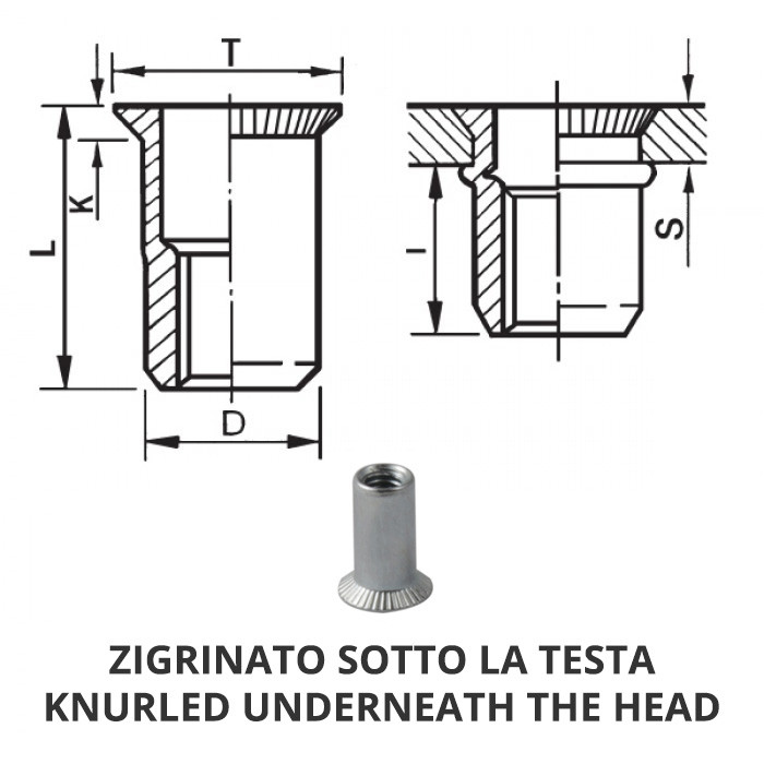 FIXI  Inserti filettati cilindrici godronati ciechi acciaio - Testa  svasata corto