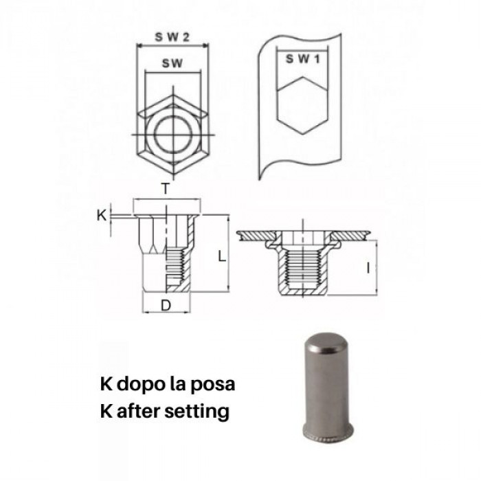 Semi-hexagonal threaded inserts closed end type - Reduced countersunk h.