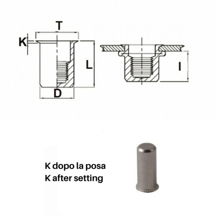 Cylindrical threaded inserts closed end type - Reduced countersunk h.