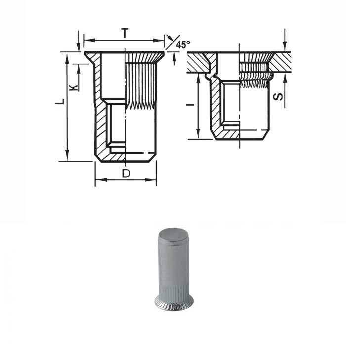 Knurled cylindrical threaded inserts closed end type