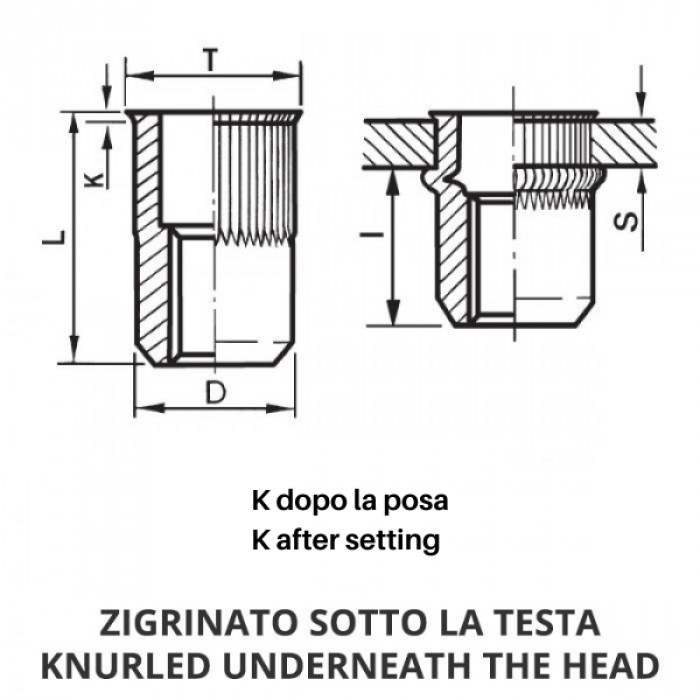 Inserti filettati cilindrici godronati inox A4 - Testa ridotta