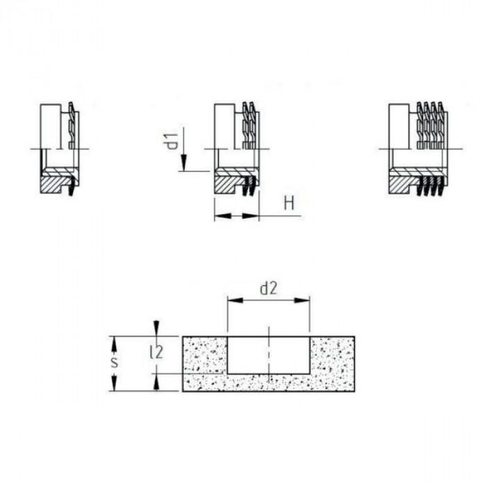Self-anchoring threaded insert without flange metrical