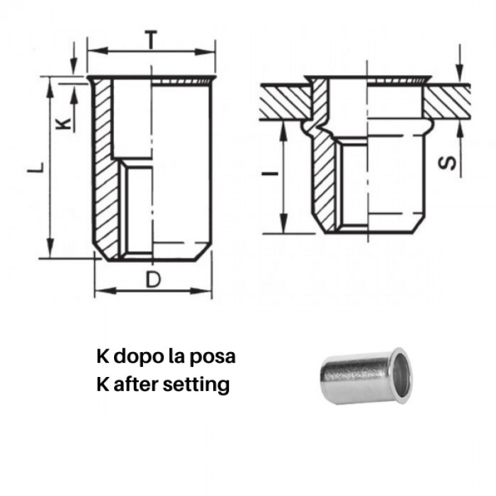 Cylindrical threaded inserts - Reduced countersunk head