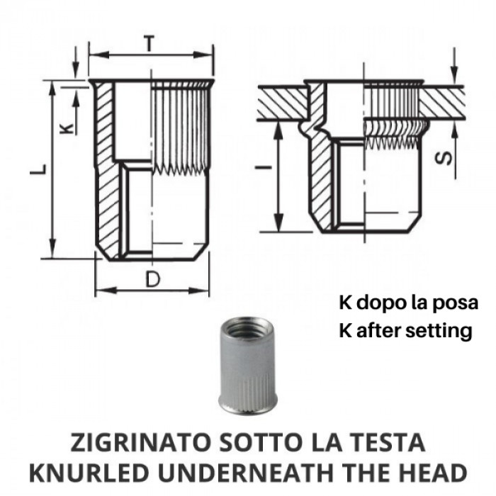 Knurled cylindrical aluminium threaded inserts - Reduced countersunk Head