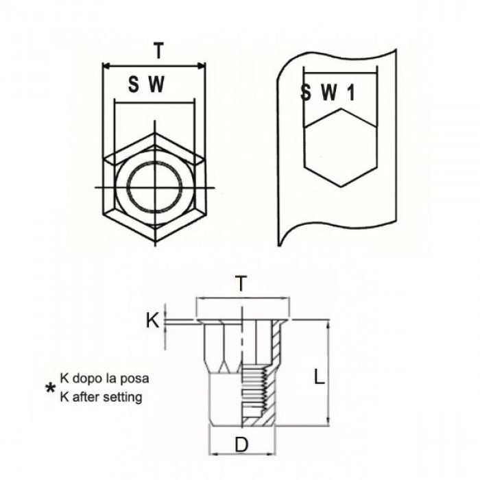 Semi-Hexagonal threaded inserts closed end type reduced head