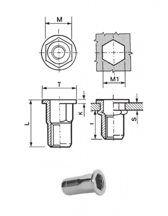 Semi-Hexagonal threaded inserts - Flat head