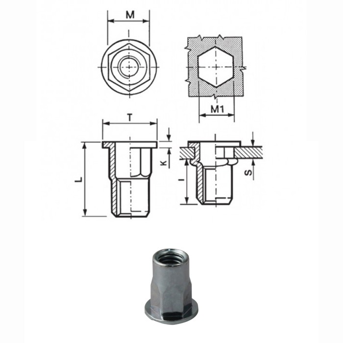 Semi-hexagonal steel threaded inserts - Flat head